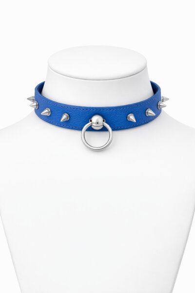 Leder BDSM Halsband mit O-Ring, blau, mit Stachelnieten, passend für Halsumfang 360 bis 460 mm