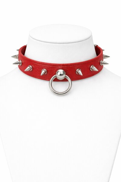 Leder BDSM Halsband mit O-Ring, rot, mit Stachelnieten, passend für Halsumfang 360 bis 460 mm