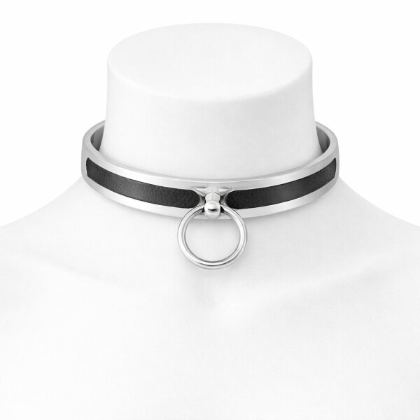 Premium Edelstahl BDSM Halsband mit O-Ring und Ledereinsatz
