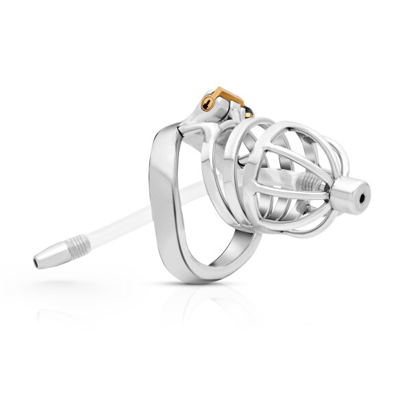 Stainless steel chastity cage with flexible penis plug